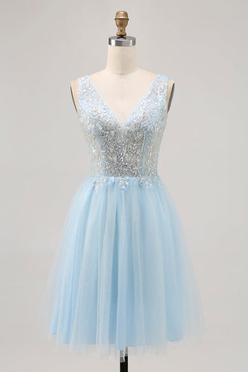 Sparkly Blue A-line Tulle Short Prom Dress with Sequins